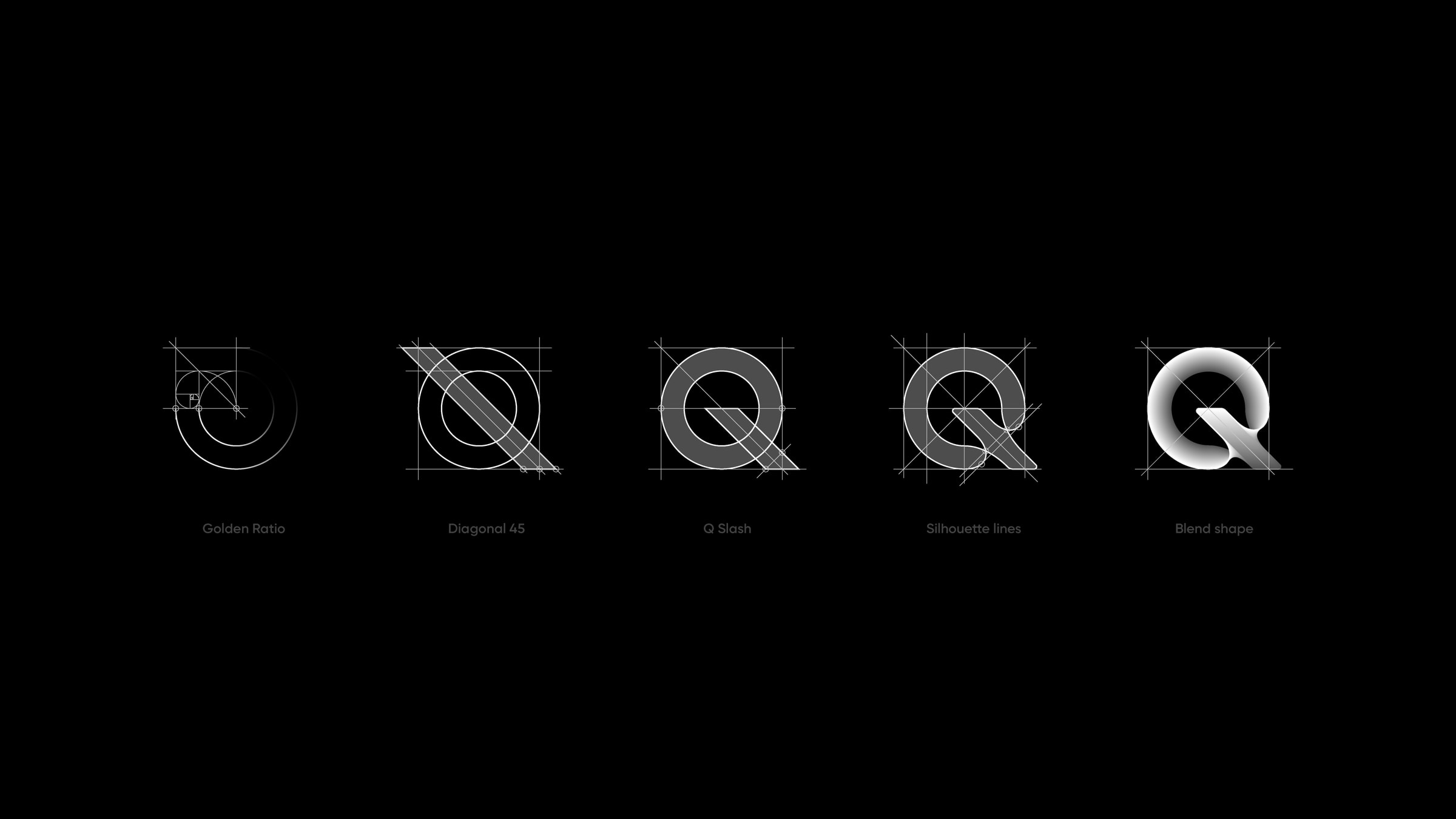 Construction of the QUADROOM brand mark: golden ratio, 45° diagonal, silhouette